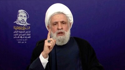 Lebanon’s Hezbollah Chief Naim Qassem gives a televised speech from an unknown location, July 30, 2025 in this screen grab from video. (Reuters)
