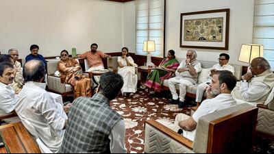 INDIA block members, including Lok Sabha LoP Rahul Gandhi and Congress President Mallikarjun Kharge (extreme right) during a meeting in New Delhi on Tuesday. (AICC/PTI) INDIA block members, including Lok Sabha LoP Rahul Gandhi and Congress President Mallikarjun Kharge (extreme right) during a meeting in New Delhi on Tuesday. (AICC/PTI)