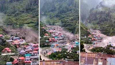 In this combo of three screenshots, houses being swept away in a flash flood at Dharali in Uttarkashi district of Uttarakhand. (PTI) In this combo of three screenshots, houses being swept away in a flash flood at Dharali in Uttarkashi district of Uttarakhand. (PTI)
