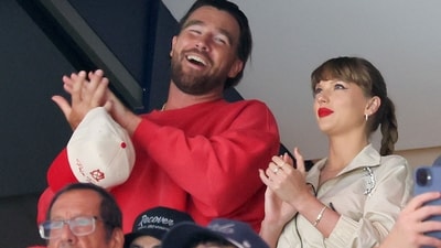 Travis Kelce, left, and Taylor Swift react as the Edmonton Oilers and the Florida Panthers play (Getty Images via AFP) Travis Kelce, left, and Taylor Swift react as the Edmonton Oilers and the Florida Panthers play (Getty Images via AFP)