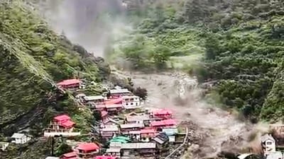 Houses being swept away in a flash flood triggered by a cloudburst at Dharali in Uttarkashi district, Uttarakhand, on August 5. (Video grab/PTI) Houses being swept away in a flash flood triggered by a cloudburst at Dharali in Uttarkashi district, Uttarakhand, on August 5. (Video grab/PTI)