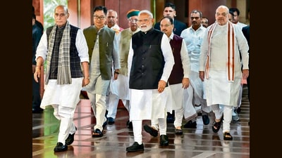 Prime Minister Narendra Modi with Union ministers Rajnath Singh, Amit Shah, JP Nadda and others leaves after attending the National Democratic Alliance (NDA) parliamentary party meeting, in New Delhi. (PTI) Prime Minister Narendra Modi with Union ministers Rajnath Singh, Amit Shah, JP Nadda and others leaves after attending the National Democratic Alliance (NDA) parliamentary party meeting, in New Delhi. (PTI)