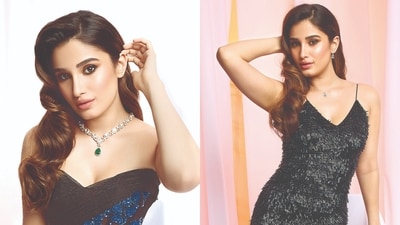 Outfit 1: Dolly J Studio | Jewellery: Clara | She exudes glamour in a corset-inspired look by Dolly J Studio, detailed with sheer panels and soft blue floral motifs. The tailored silhouette flatters her figure while lending a touch of graceful sophistication. | Outfit 2: Namrata Joshipura | Jewellery: Clara | The actor stuns in a sleek black gown by Namrata Joshipura, adorned with shimmering sequins and detailed textures that melt into deep blue hues at the hem. She pairs the look with delicate drop earrings from Clara, adding a hint of sparkle that perfectly balances the bold silhouette. (Photographer: Abheet Gidwani) Outfit 1: Dolly J Studio | Jewellery: Clara | She exudes glamour in a corset-inspired look by Dolly J Studio, detailed with sheer panels and soft blue floral motifs. The tailored silhouette flatters her figure while lending a touch of graceful sophistication. | Outfit 2: Namrata Joshipura | Jewellery: Clara | The actor stuns in a sleek black gown by Namrata Joshipura, adorned with shimmering sequins and detailed textures that melt into deep blue hues at the hem. She pairs the look with delicate drop earrings from Clara, adding a hint of sparkle that perfectly balances the bold silhouette. (Photographer: Abheet Gidwani)