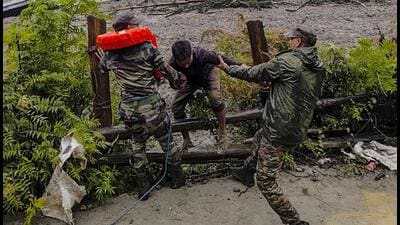Rescue operation underway following landslide and flash floods triggered by a cloudburst near Dharali of Uttarkashi district (@adgpi) Rescue operation underway following landslide and flash floods triggered by a cloudburst near Dharali of Uttarkashi district (@adgpi)