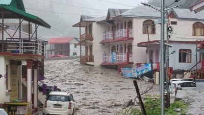 The cloudburst took place in the Dharali area near Harsil. (X/ @UttarkashiPol) The cloudburst took place in the Dharali area near Harsil. (X/ @UttarkashiPol)