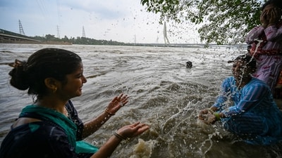 This season, the highest discharge at Hathanikund, located upstream in Haryana, was just over 50,000 cusecs, recorded on July 21. (Sanchit Khanna/ Hindustan Times)