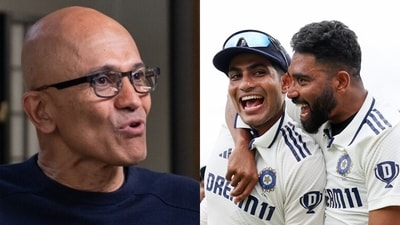 Microsoft CEO Satya Nadella (left); India captain Shubman Gill and pacer Mohammed Siraj after India's victory against England in the fifth and final test match at the Oval on Monday. (ANI) Microsoft CEO Satya Nadella (left); India captain Shubman Gill and pacer Mohammed Siraj after India's victory against England in the fifth and final test match at the Oval on Monday. (ANI)