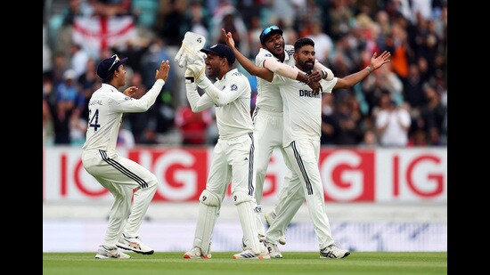 India's Mohammed Siraj celebrates with teammates after taking the wicket of England's Gus Atkinson and India winning the match to draw the test series. (Reuters)