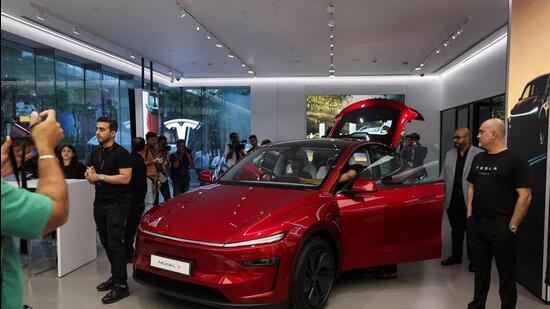 Tesla’s first showroom in India in Mumbai. (REUTERS)