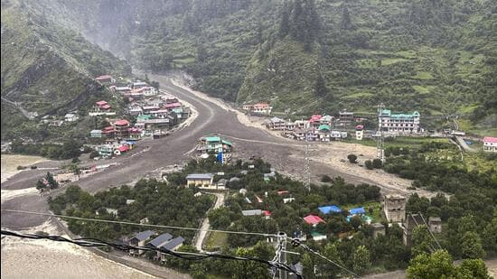 The flash flood, which struck around 1.50pm, sent a surge of boulders, debris, and mud barrelling through Dharali, a popular tourist village in the upper reaches of Uttarakhand, demolishing houses, shops, and hotels. (PTI)