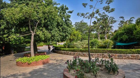 The twenty-acre park, inaugurated in February 2003, features the Khas Bagh, inspired by Mughal garden design, complete with water channels, flowering shrubs, and tree-lined paths. (HT Photo)