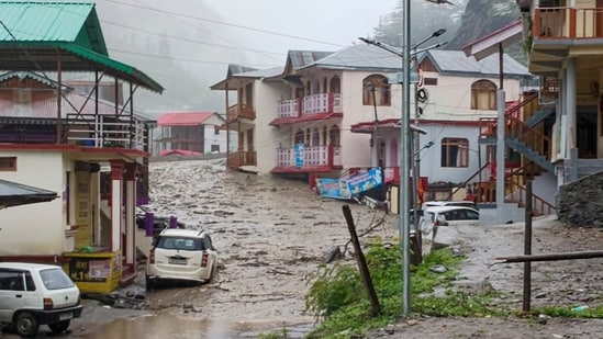 The floods, which occurred after the cloudburst in the catchment area of the Kheer Ganga river, swept away several houses and hotels, killing four persons.(PTI)