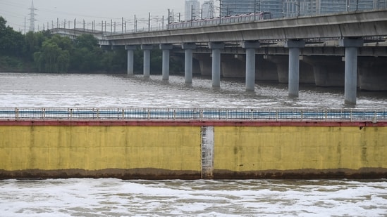Due to the release of water, all the gates of Okhla Barrage were opened, due to which the water level of the Yamuna increased towards Noida.(Sunil Ghosh / Hindustan Times))