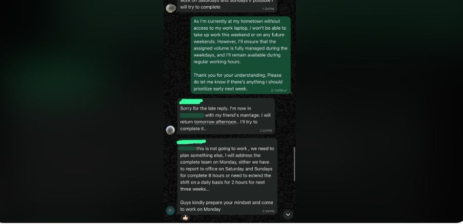 An alleged text on WhatsApp from an Indian manager. (Reddit/@Awd_7) An alleged text on WhatsApp from an Indian manager. (Reddit/@Awd_7)