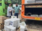 Ahead of Raksha Bandhan, the local health department seized around 500 kg of adulterated khoya along with large quantities of “soan papdi” and “rasgulla” from a bus near the Bus Stand here on Wednesday. The bus from Rajasthan was en route to deliver these milk-based products and sweets to various establishments in Ludhiana. (HT Photo)
