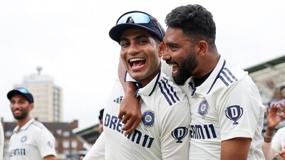 India captain Shubman Gill and teammate Mohammed Siraj celebrate after defeating England by 6 runs in the 5th test match of Anderson-Tendulkar Series, at Kennington Oval stadium (@BCCI X) India captain Shubman Gill and teammate Mohammed Siraj celebrate after defeating England by 6 runs in the 5th test match of Anderson-Tendulkar Series, at Kennington Oval stadium (@BCCI X)