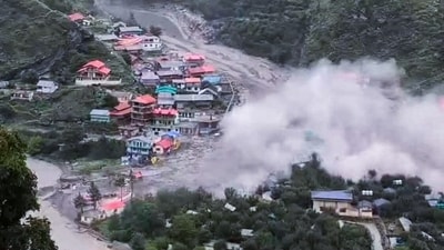 A view of the flash flood that struck Dharali village in the Kheer Gad area near Harsil following a cloudburst, in Uttarkashi on Tuesday. ( ANI)
