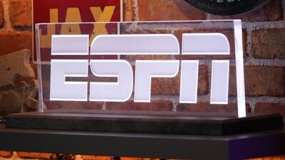 The ESPN logo at the Super Bowl LIX media center at the Ernest N. Morial Convention Center. (USA TODAY Sports via Reuters Con)