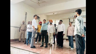 MC commissioner Aaditya Dachalwal inspecting the ongoing works at Bhagwan Valmiki Bhawan in Ludhiana on Wednesday. (HT Photo)