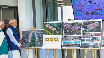 Kartavya Bhavan-03 has a plinth area of 1.5 lakh square metres and a basement of 40,000 square metres. The parking lot holds 600 cars. (PMO via PTI) Kartavya Bhavan-03 has a plinth area of 1.5 lakh square metres and a basement of 40,000 square metres. The parking lot holds 600 cars. (PMO via PTI)
