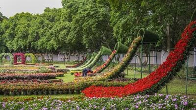 Preparations underway for the 218th Independence Day Flower Show at Lalbagh Botanical Garden in Bengaluru (PTI)