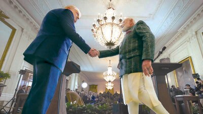 President Donald Trump and Prime Minister Narendra Modi shake hands during a news conference in the East Room of the White House, on Feb. 13, 2025, in Washington. (AP FILE PHOTO) President Donald Trump and Prime Minister Narendra Modi shake hands during a news conference in the East Room of the White House, on Feb. 13, 2025, in Washington. (AP FILE PHOTO)