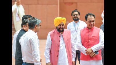 Punjab CM Bhagwant Mann on the Parliament premises during the ongoing monsoon session in New Delhi on Wednesday. (ANI)