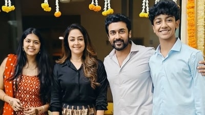 Jyotika and Suriya with their children Diya and Dev who have been donating their pocket money to fund education for the needy.