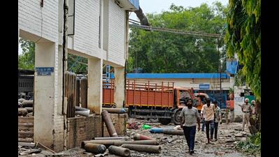 The oxygen cylinder plant, where the blast took place in Mohali’s Phase 9 on Wednesday morning, leaving two workers dead. (Sanjeev Sharma/HT)