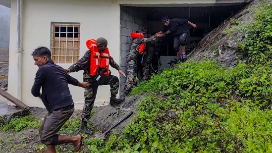 Rescue operation underway following landslide and flash floods triggered by a cloudburst near Dharali of Uttarkashi district, Uttarakhand. (PTI)