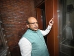 Delhi Legislative assembly speaker Vijender Gupta led a guided media tour of the space on Wednesday, showing old blueprints from the National Archives that mark the room as a lift shaft. (Arvind Yadav/HT Photo) Delhi Legislative assembly speaker Vijender Gupta led a guided media tour of the space on Wednesday, showing old blueprints from the National Archives that mark the room as a lift shaft. (Arvind Yadav/HT Photo)