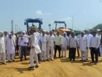 Protesters disrupted work at the site on Thursday. (Parveen Kumar/HT Photo) Protesters disrupted work at the site on Thursday. (Parveen Kumar/HT Photo)