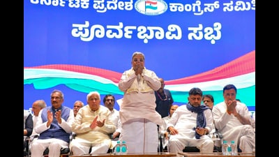 Chief minister Siddaramaiah, deputy CM DK Shivakumar and Congress state in-charge Randeep Singh Surjewala at a meeting ahead of the 'protest rally' to be held in Bengaluru on Wednesday. (PTI PHOTO) Chief minister Siddaramaiah, deputy CM DK Shivakumar and Congress state in-charge Randeep Singh Surjewala at a meeting ahead of the 'protest rally' to be held in Bengaluru on Wednesday. (PTI PHOTO)