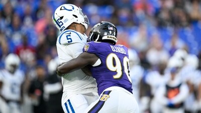 Indianapolis Colts quarterback Anthony Richardson Sr. was sacked by Baltimore Ravens linebacker David Ojabo. (AP)