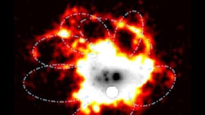 Galaxy J1044+0355, just 7,100 light-years wide, is surrounded by a 20,000 light-year filamentary gas structure, revealed using the Yepun telescope. The loops, shown in yellow to red, are likely shaped by over 50,000 supernovae in the past 20 million years. (SOURCED) Galaxy J1044+0355, just 7,100 light-years wide, is surrounded by a 20,000 light-year filamentary gas structure, revealed using the Yepun telescope. The loops, shown in yellow to red, are likely shaped by over 50,000 supernovae in the past 20 million years. (SOURCED)