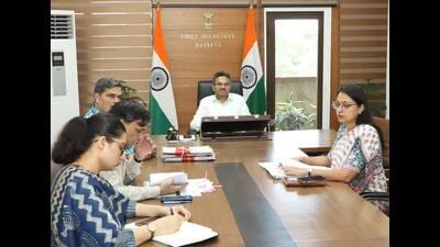 Haryana chief secretary Anurag Rastogi chairing a meeting in Chandigarh on Thursday. (Sourced)