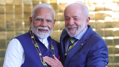 In this image via PMO, Prime Minister Narendra Modi with Brazil's President Luiz Inacio Lula da Silva after being conferred with Brazil's highest civilian award, the Grand Collar of the National Order of the Southern Cross, during a ceremony, in Brasilia, Brazil, July 8 (PMO/ PTI FILE)