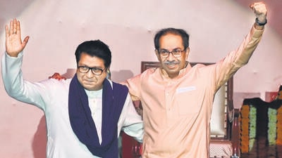Mumbai, India, July 05, 2025: Raj Thackeray, Chief of the Maharashtra Navnirman Sena (MNS), and Uddhav Thackeray, Chief of Shiv Sena (UBT), reunited after 20 years at a public rally at NSCI Dome, Worli in Mumbai. The event, titled "Awaj Marathicha" (Voice of the Marathi), was jointly organised by Shiv Sena (UBT) and MNS to mark the withdrawal of government resolutions (GRs) related to the three-language policy in primary schools. Mumbai, India. 05, 2025. (Photo by Raju Shinde/HT Photo) (Raju Shinde) Mumbai, India, July 05, 2025: Raj Thackeray, Chief of the Maharashtra Navnirman Sena (MNS), and Uddhav Thackeray, Chief of Shiv Sena (UBT), reunited after 20 years at a public rally at NSCI Dome, Worli in Mumbai. The event, titled "Awaj Marathicha" (Voice of the Marathi), was jointly organised by Shiv Sena (UBT) and MNS to mark the withdrawal of government resolutions (GRs) related to the three-language policy in primary schools. Mumbai, India. 05, 2025. (Photo by Raju Shinde/HT Photo) (Raju Shinde)