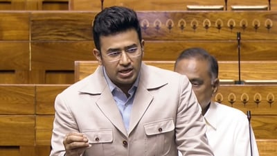BJP MP Tejasvi Surya accused the Congress party of indulging in “politics of delay”. (Sansad TV) BJP MP Tejasvi Surya accused the Congress party of indulging in “politics of delay”. (Sansad TV)