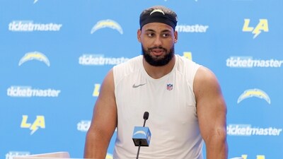 Los Angeles Chargers offensive tackle Rashawn Slater speaks during a press conference (AP) Los Angeles Chargers offensive tackle Rashawn Slater speaks during a press conference (AP)