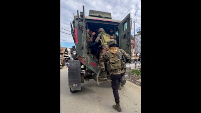 Security personnel on the Day 7 of anti-terrorist operation in Jammu and Kashmir's Kulgam district on Thursday. (PTI) Security personnel on the Day 7 of anti-terrorist operation in Jammu and Kashmir's Kulgam district on Thursday. (PTI)