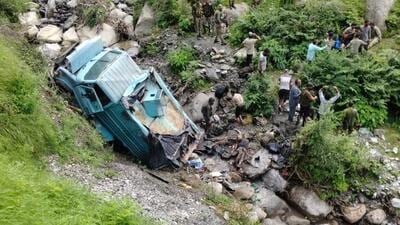 The Central Reserve Police Force (CRPF) vehicle that rolled down a gorge in Basantgarh area of Udhampur district on Thursday. (HT Photo) The Central Reserve Police Force (CRPF) vehicle that rolled down a gorge in Basantgarh area of Udhampur district on Thursday. (HT Photo)