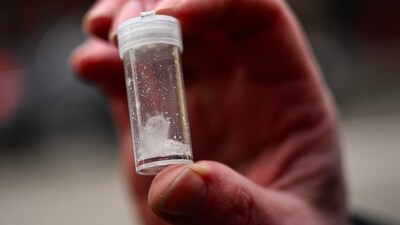 A police officer holds a vial of meth found in downtown Portland, Oregon, Jan. 25, 2024. A police officer holds a vial of meth found in downtown Portland, Oregon, Jan. 25, 2024.