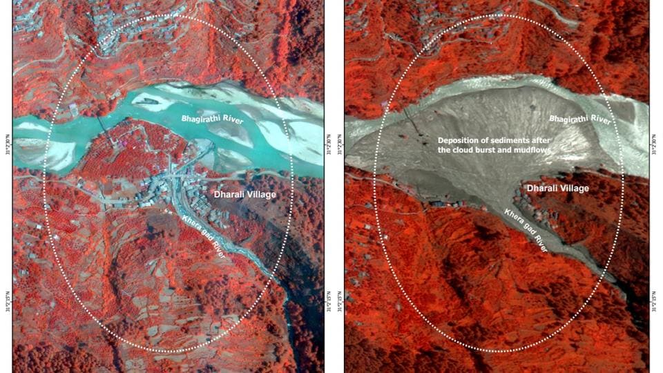 Satellite images of Dharali Village in Uttarkashi district taken on June 2024 (left) and August 2025. Satellite images of Dharali Village in Uttarkashi district taken on June 2024 (left) and August 2025.