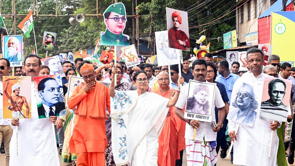 CM Banerjee led a rally — Bhasha Andolan (Linguist Movement) — in Jhargram on Wednesday to protest against the alleged atrocities on Bengali-speaking migrant workers in BJP-ruled states. (ANI) CM Banerjee led a rally — Bhasha Andolan (Linguist Movement) — in Jhargram on Wednesday to protest against the alleged atrocities on Bengali-speaking migrant workers in BJP-ruled states. (ANI)
