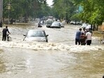 A waterlogged street in Prayagraj on Friday. (Anil Kumar Maurya/HT) A waterlogged street in Prayagraj on Friday. (Anil Kumar Maurya/HT)