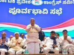 Chief minister Siddaramaiah, deputy CM DK Shivakumar and Congress state in-charge Randeep Singh Surjewala at a meeting ahead of the 'protest rally' to be held in Bengaluru on Wednesday. (PTI PHOTO) Chief minister Siddaramaiah, deputy CM DK Shivakumar and Congress state in-charge Randeep Singh Surjewala at a meeting ahead of the 'protest rally' to be held in Bengaluru on Wednesday. (PTI PHOTO)