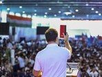 LoP in the Lok Sabha Rahul Gandhi addresses the party's 'Vote Adhikar Rally', in Bengaluru on Friday. (AICC) LoP in the Lok Sabha Rahul Gandhi addresses the party's 'Vote Adhikar Rally', in Bengaluru on Friday. (AICC)