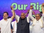 Congress president Mallikarjun Kharge, LoP in Lok Sabha Rahul Gandhi, Karnataka chief minister Siddaramaiah, deputy CM D.K. Shivakumar during the party's 'Vote Adhikar Rally' in Bengaluru, on Friday. Congress president Mallikarjun Kharge, LoP in Lok Sabha Rahul Gandhi, Karnataka chief minister Siddaramaiah, deputy CM D.K. Shivakumar during the party's 'Vote Adhikar Rally' in Bengaluru, on Friday.