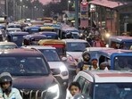 Traffic jam in Hazratganj area of Lucknow on Thursday. (Mushtaq Ali/HT Photo)
